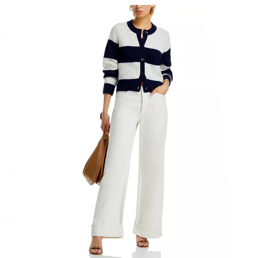 Luxurious 100% Cashmere Rugby Stripe Shaker Stitch Cardigan By Aqua in Navy / Iv